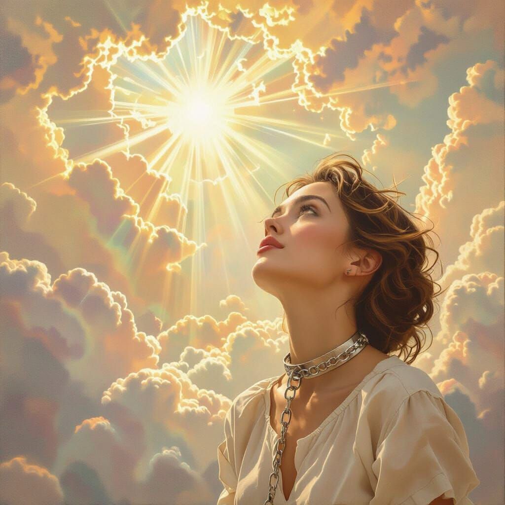 Woman Gazes Up at Divine Light Rays in Fantasy Painting