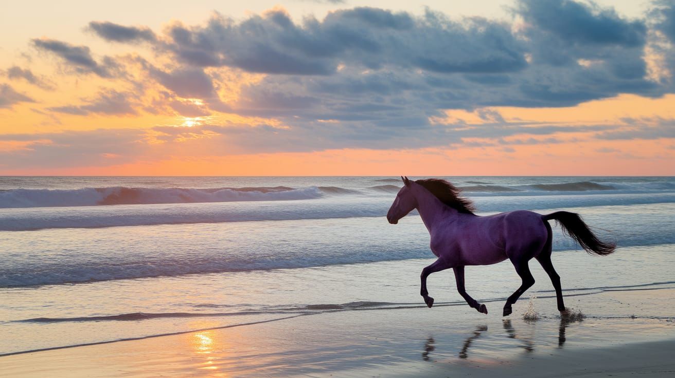 Purple Horse Galloping at Sunrise Shoreline