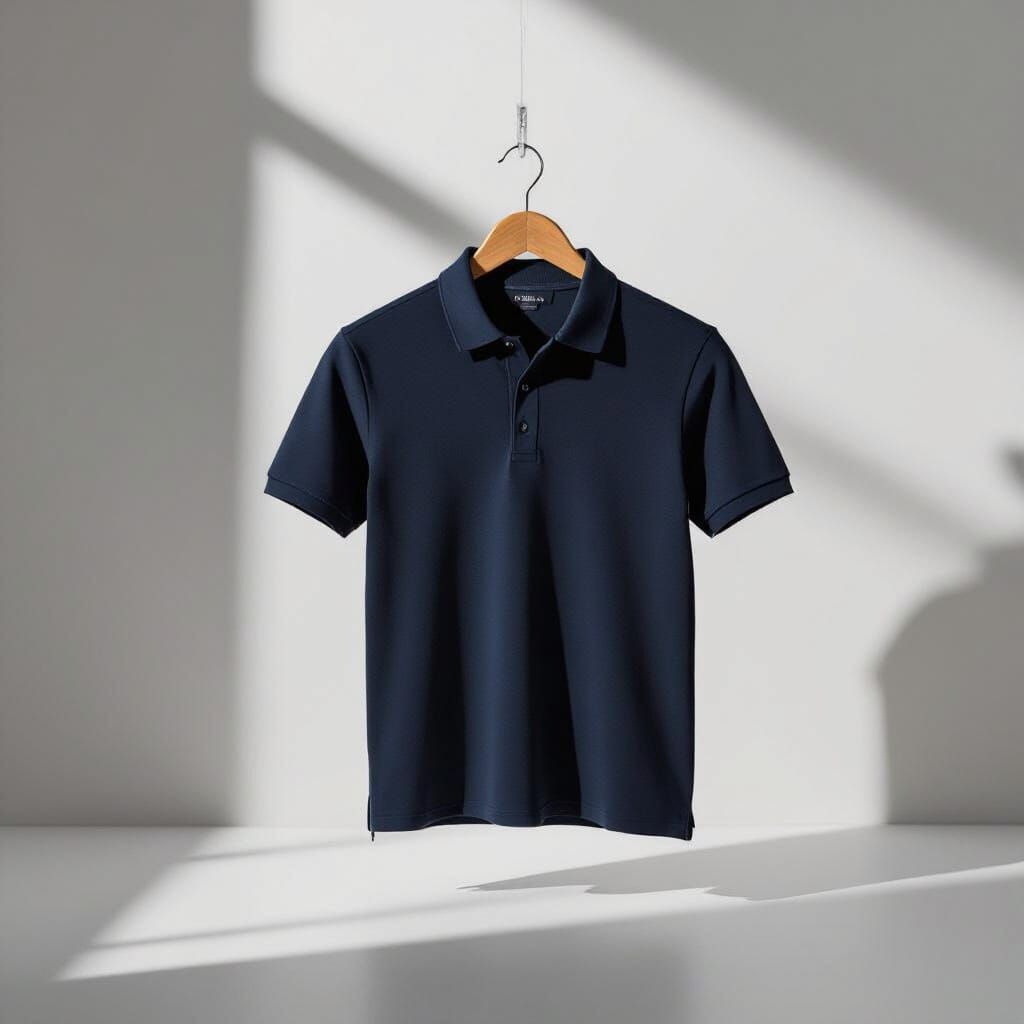 Dark Blue Polo Shirt on Wooden Hanger, Minimalist Style