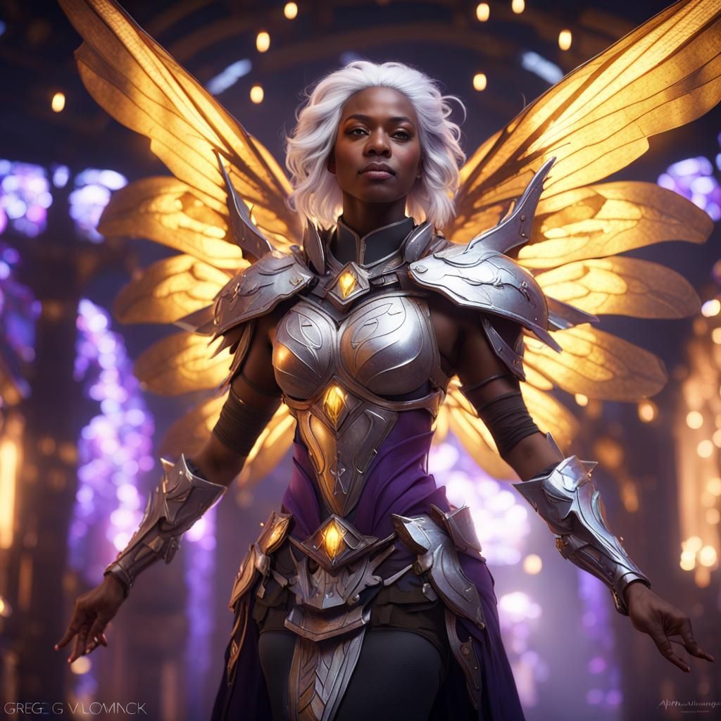 Armored Fairy with White Hair in Dark Fantasy Style