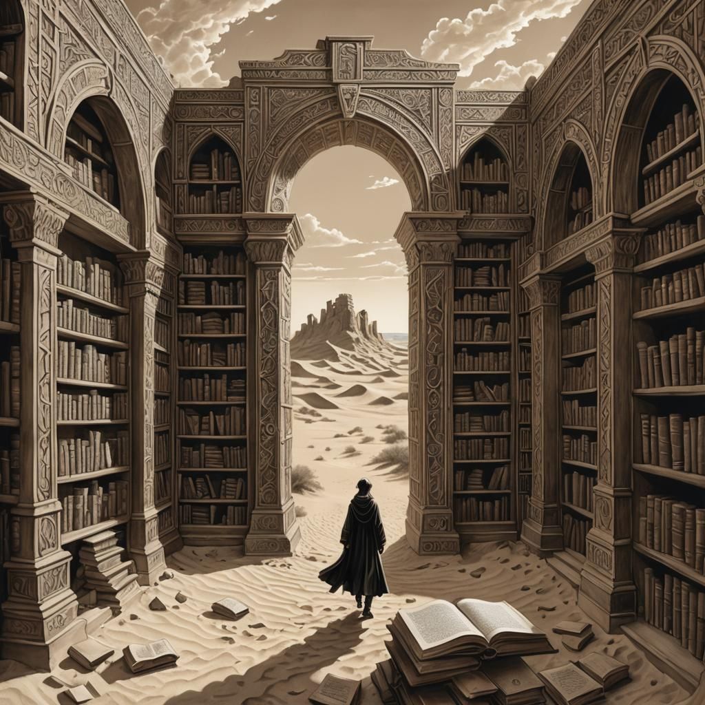 Gothic Library Labyrinth Opens to Desert Sketch