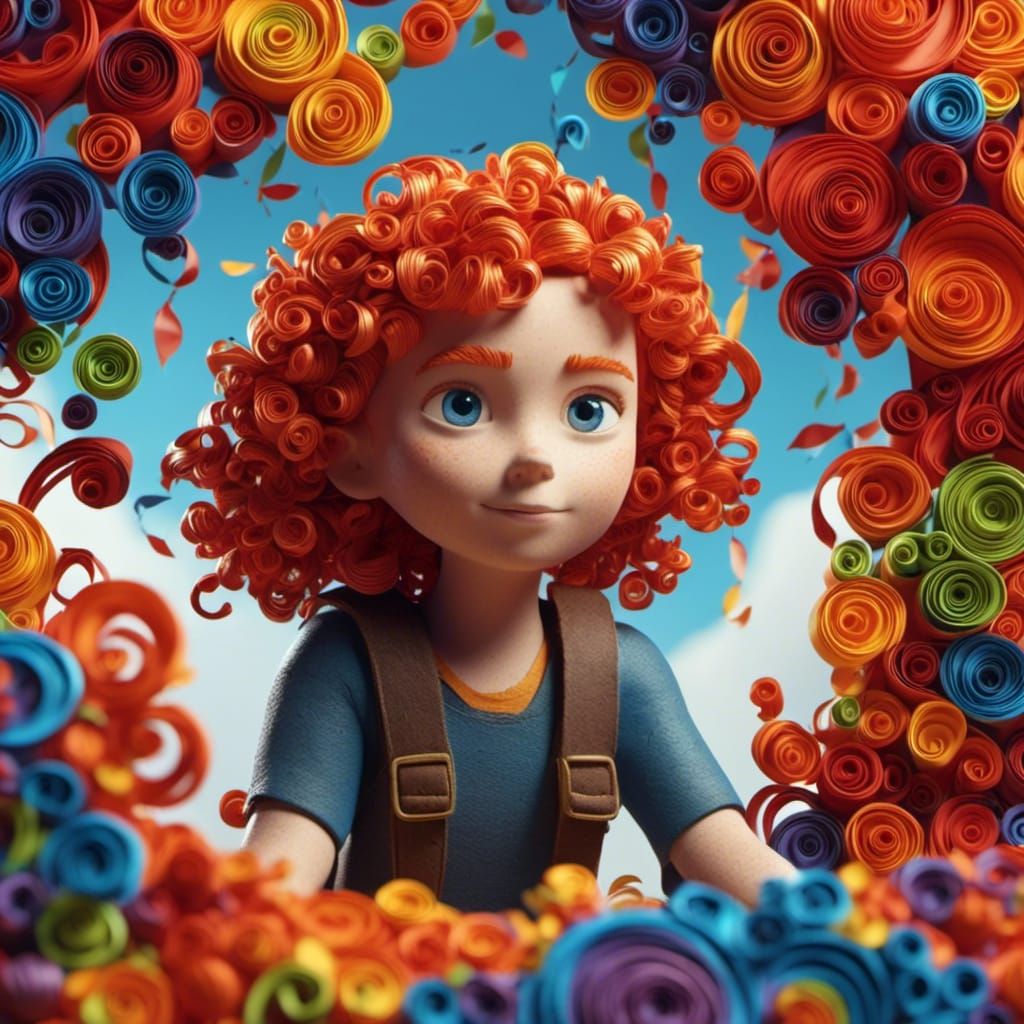 Redhead Girl Atop Rainbow: Quilling Art