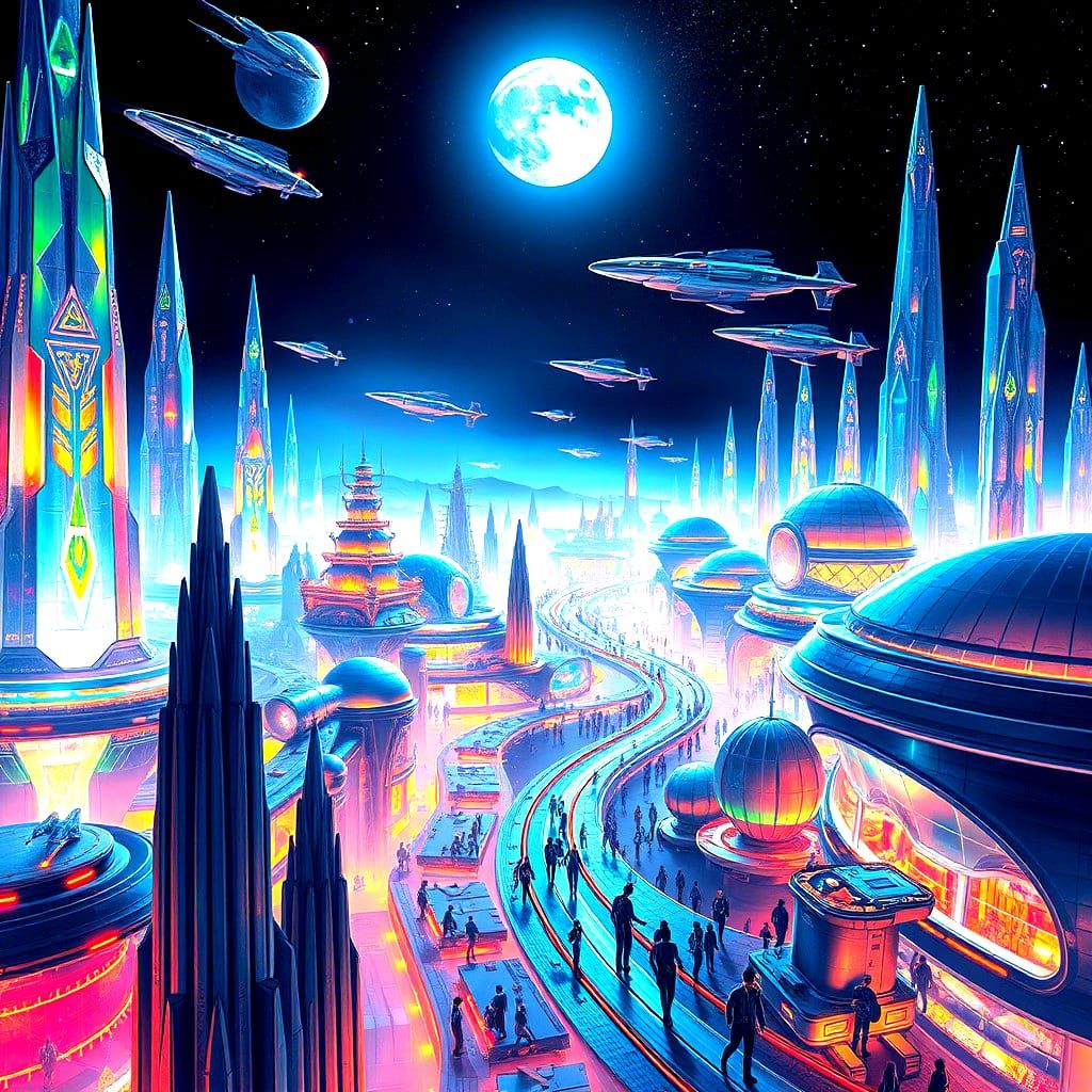 Surreal Bioluminescent Spaceport at Night, with Intricate Al...