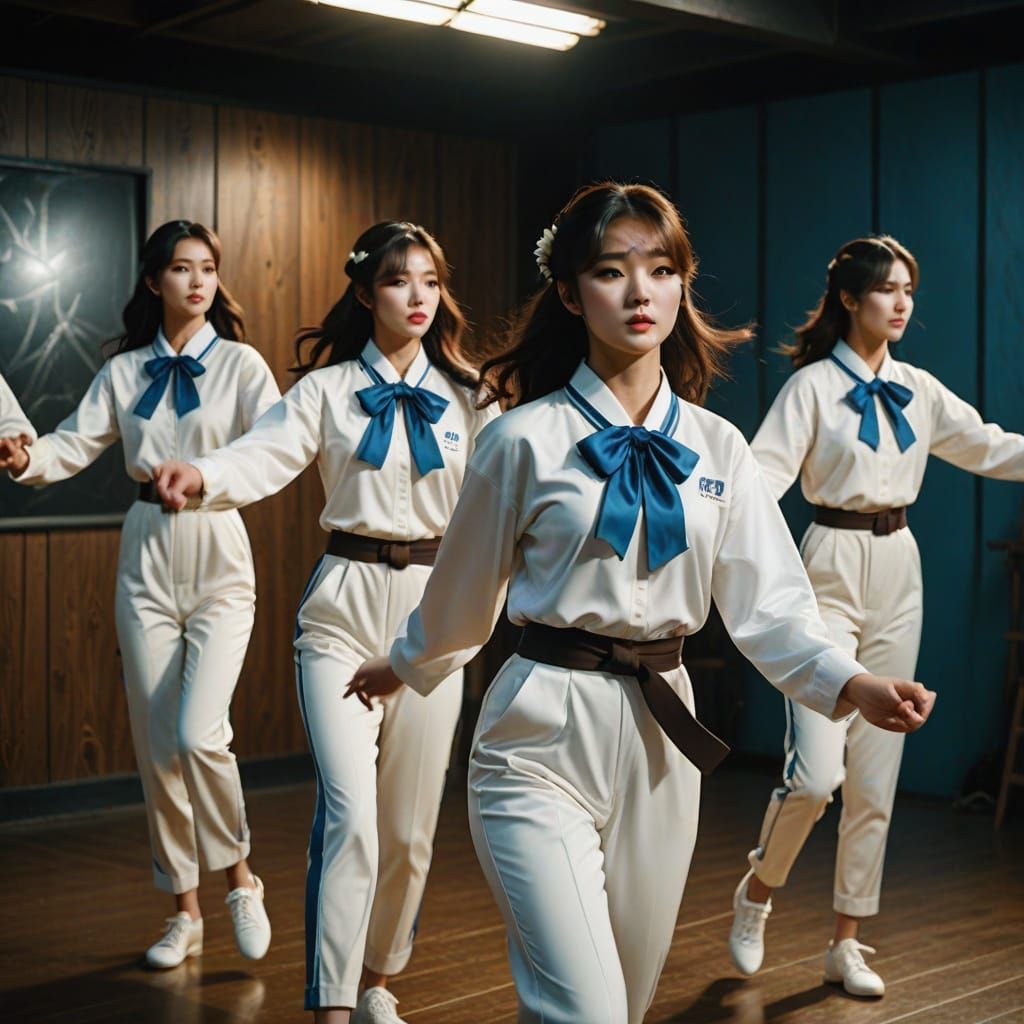 K-Pop Group Learns Dances in Warmly Lit Studio