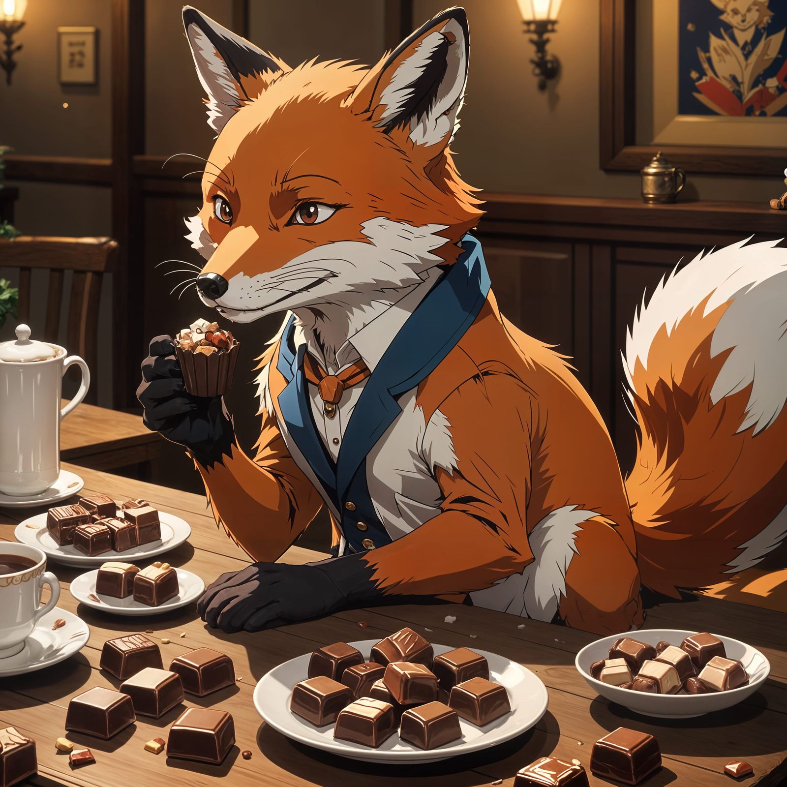 Relaxed Fox Eating Chocolates in Anime Style