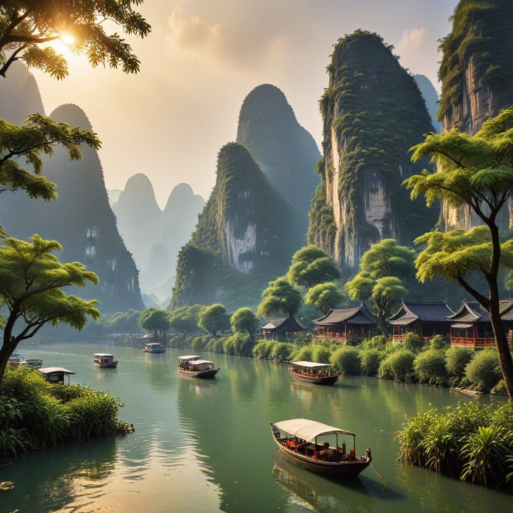 Scenery of the boats in the river surrounded by mountains, trees and bushes.