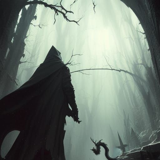 Sinister Wizard in Dragon Cemetery, Fantasy Art