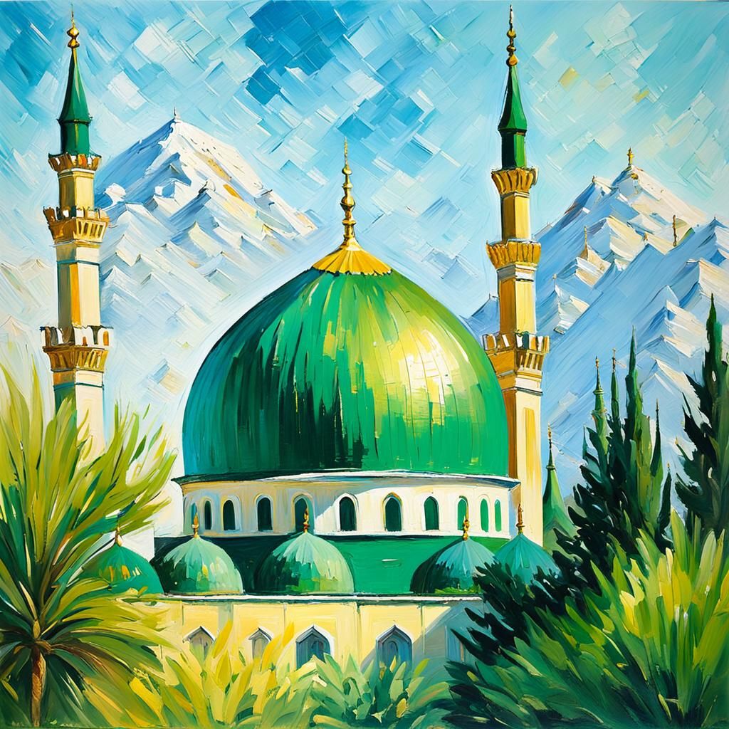Green Mosque Dome in Neo-Impressionist Oil Painting