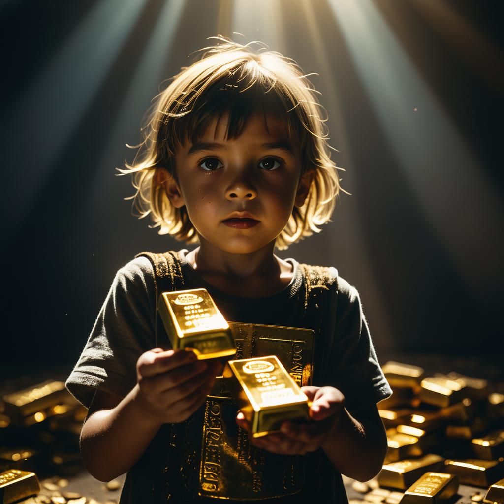 Child with Gold Bars in Cinematic Style