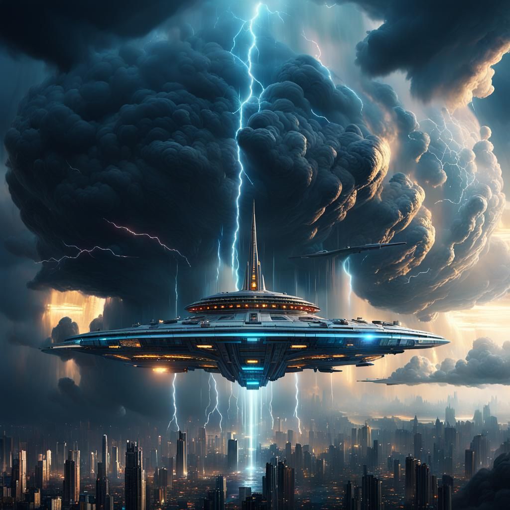 Majestic Spaceship Emerges Over Mystical Cityscape