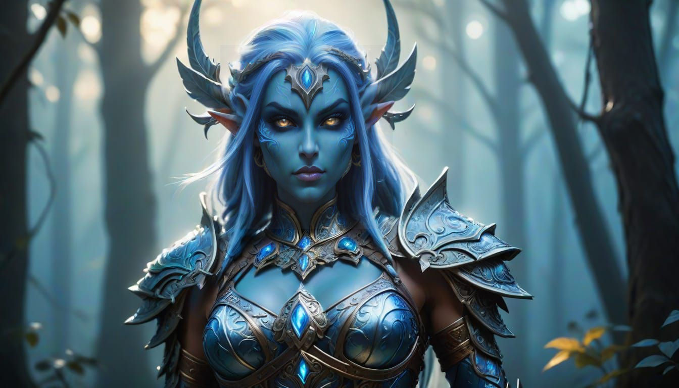 Blue Skinned Female Night Elf Hunter in Ornate Armor