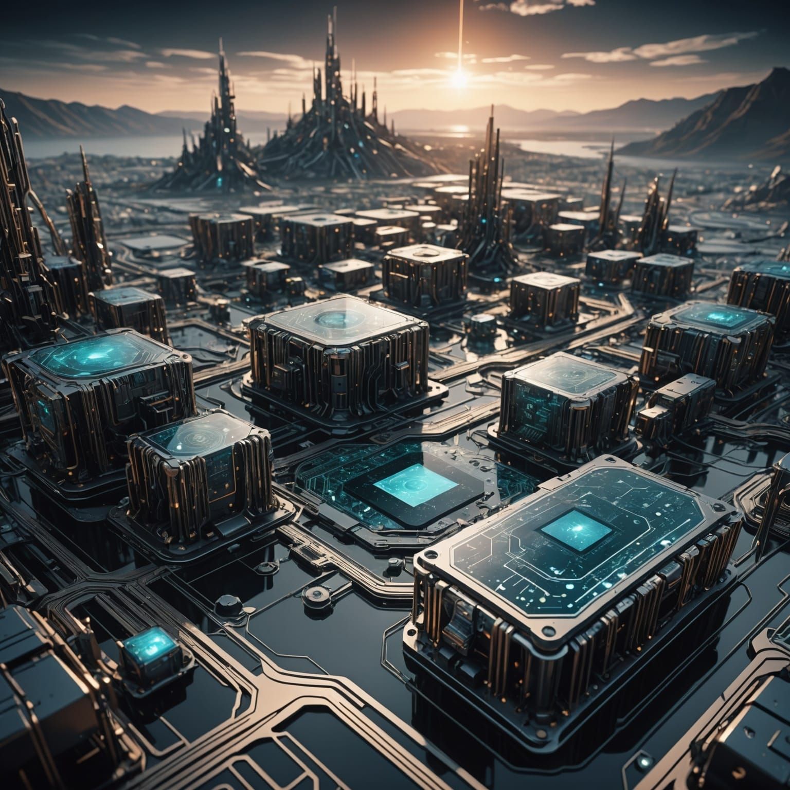 Circuitry Data Streams in Futuristic Sci-Fi Landscape