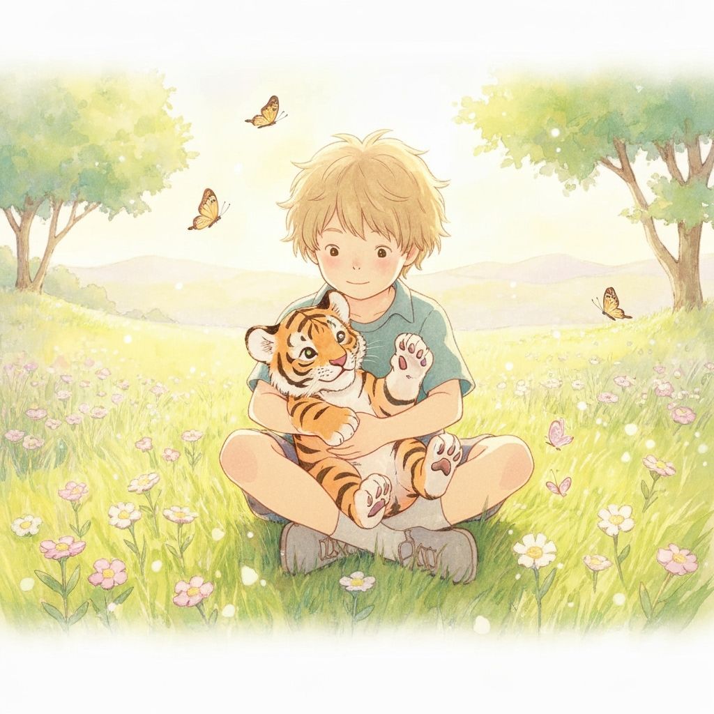 Boy and Tiger Cub in Watercolor Meadow