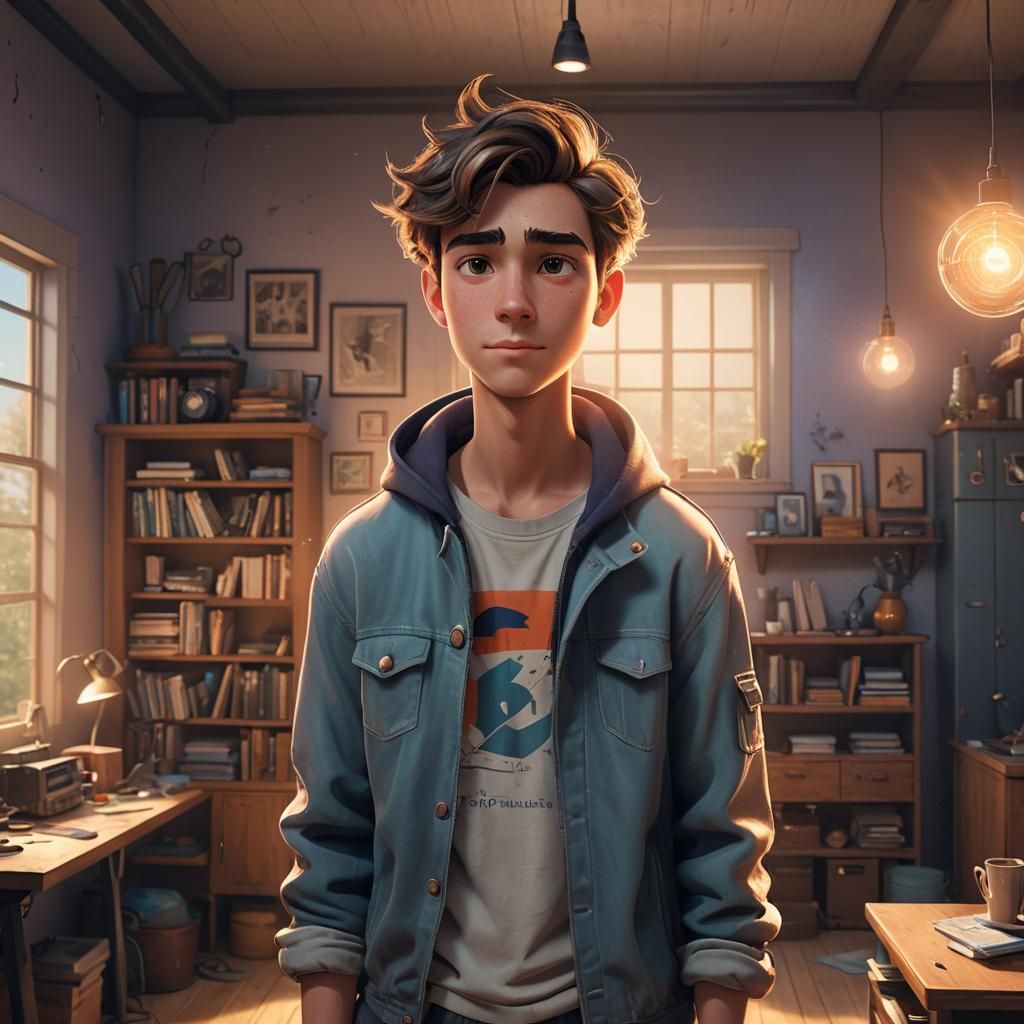 Trendy 21-Year-Old Boy in Home, 3D Shading