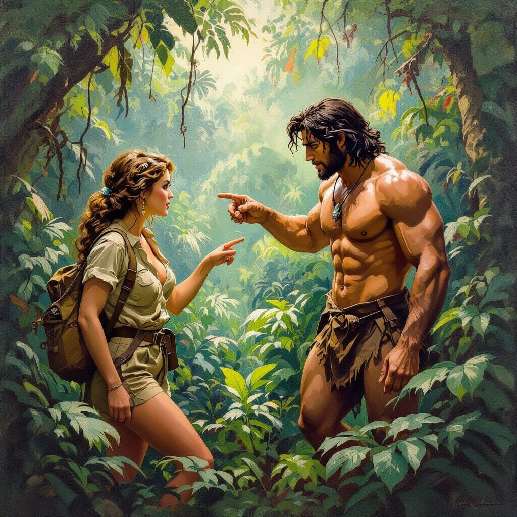 Jane Porter and Tarzan Explore Lush Jungle in Oil Painting