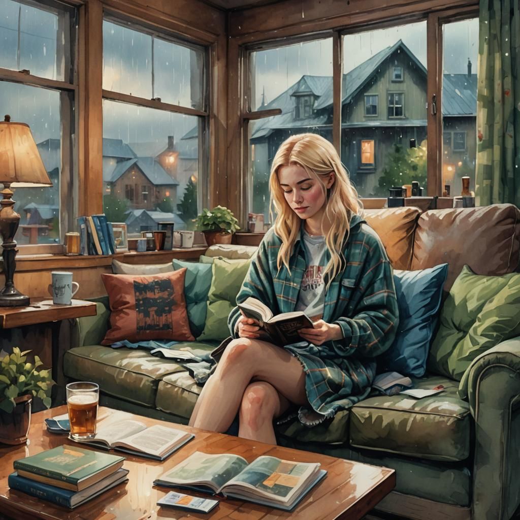 Girl Reading Book in Rainy Seattle: Fantasy Art