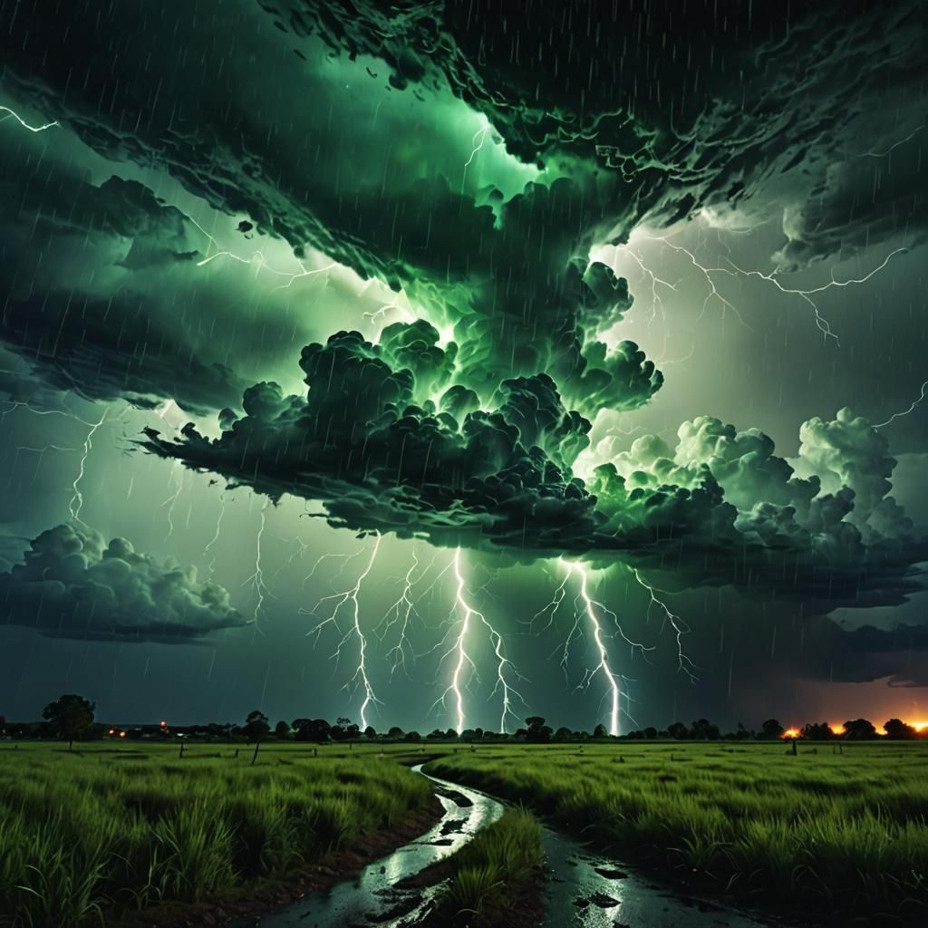 Ethereal Holographic Rain in a Dreamlike Thunderstorm