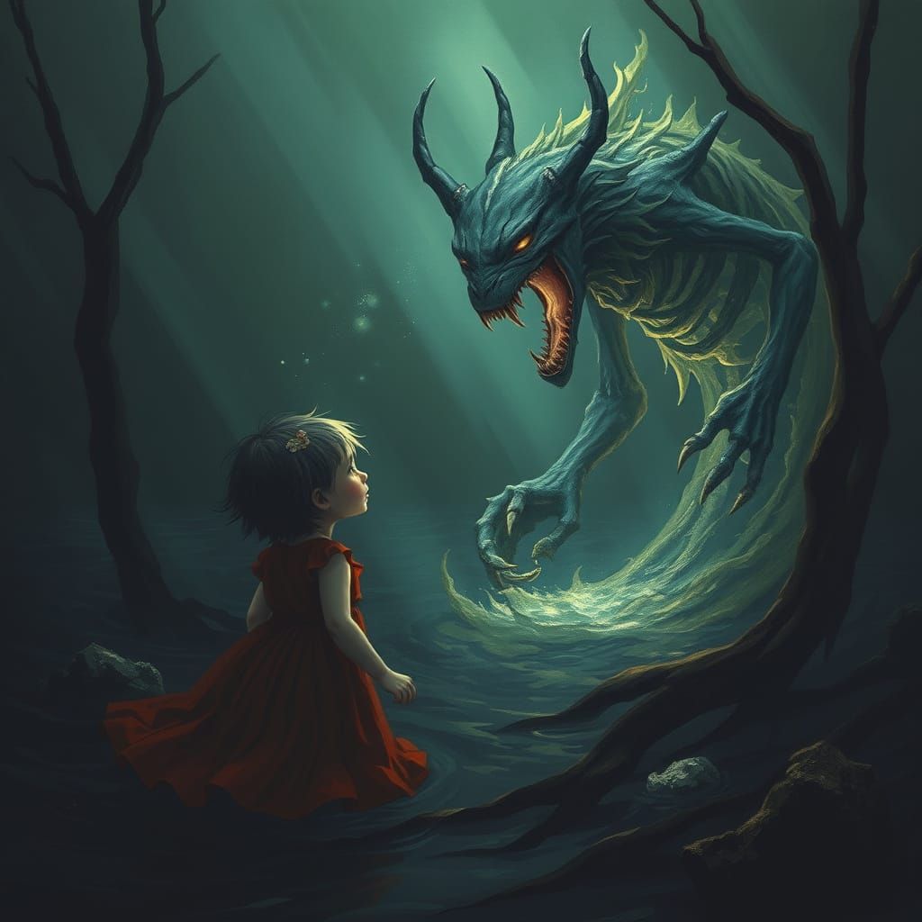 Surreal Encounter Between Child and Mythical Sea Creature
