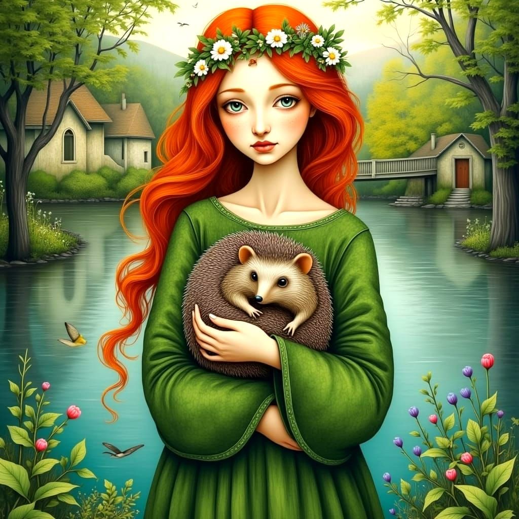 Irish Redhead and Hedgehog in Whimsical Watercolour