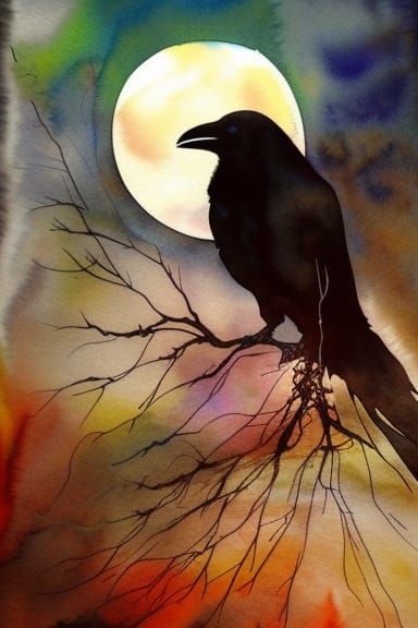 Raven on Mountain in Watercolor Style