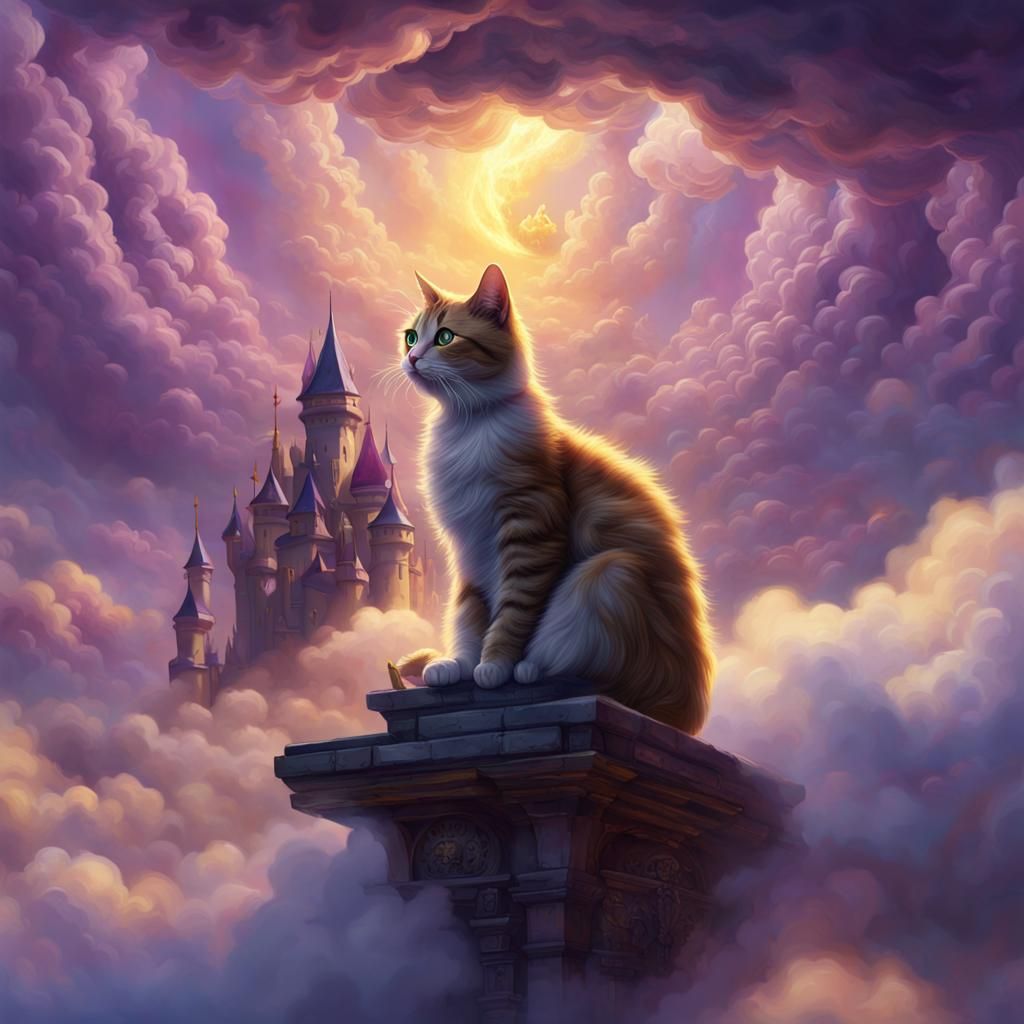 Cat Floating on Cloud in Castle: Dark Fantasy
