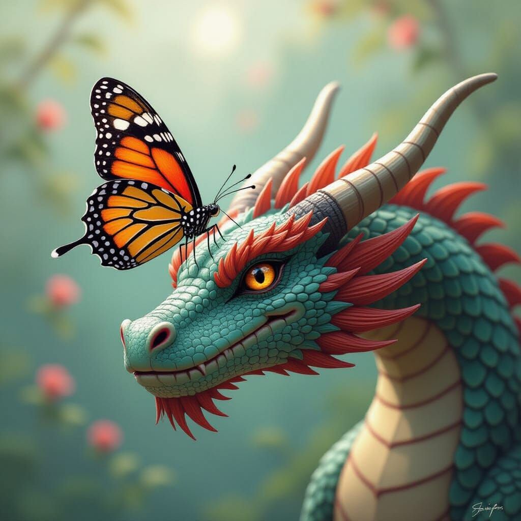 Butterfly on Dragon's Nose in Whimsical Fantasy Style