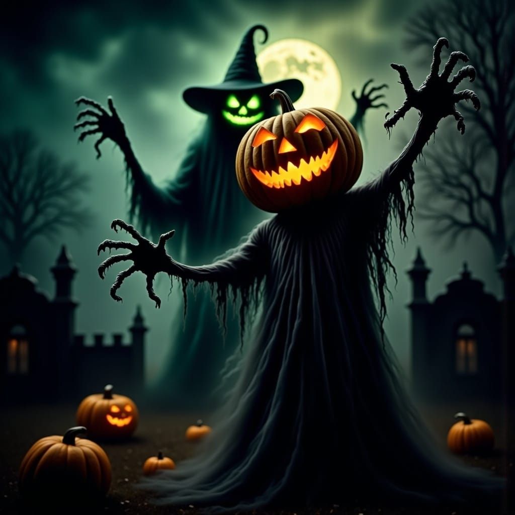 Eerie Halloween Scene with Ghost and Macabre Witch