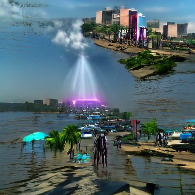 Cyberpunk Kinshasa: 3D Rendering with God Rays