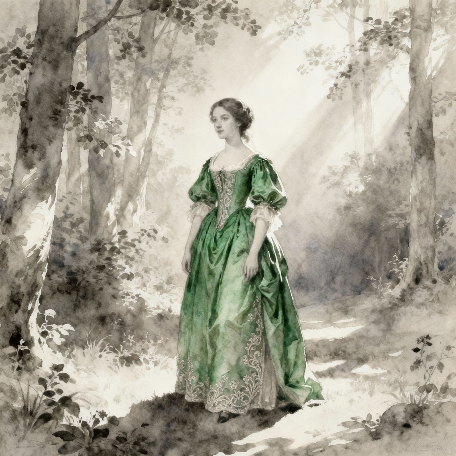 Young Woman in Emerald Dress in Forest, Pastel Watercolor St...