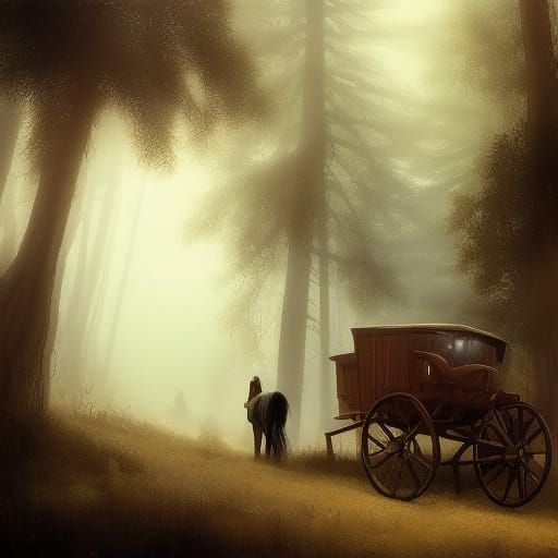 Sinister Horse-Drawn Wagon on Forest Trail