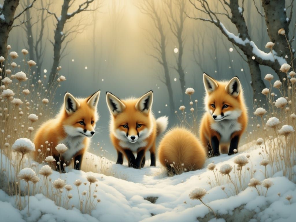 Four Adorable Fox Cubs Explore Fresh Snow in Dawn's Soft Lig...