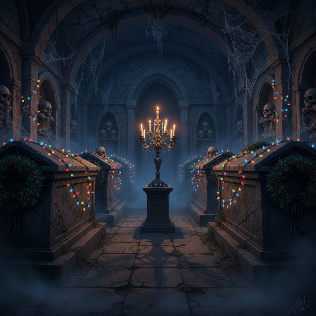 Festive Gothic Crypt with Christmas Lights