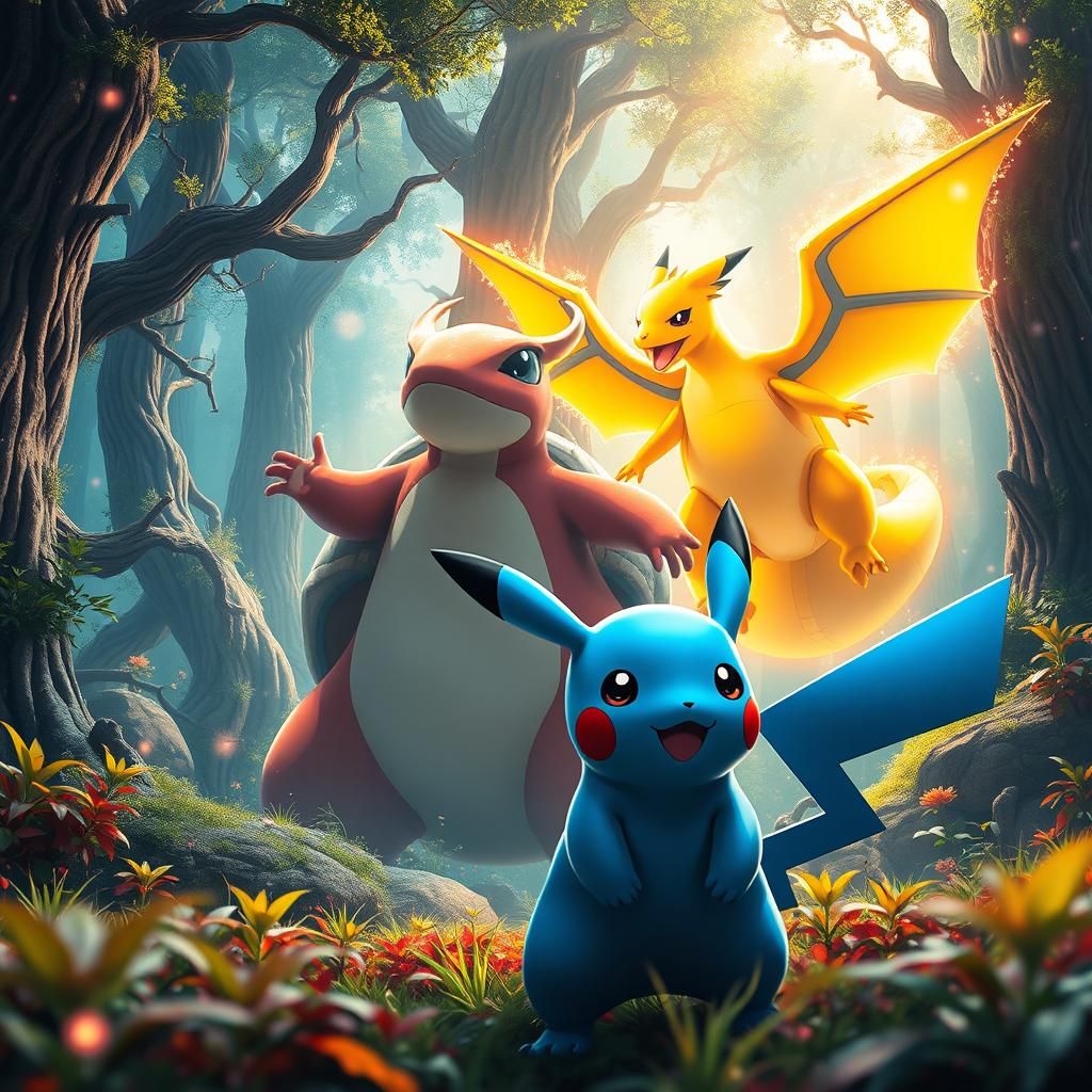 Pokemon Trio in Mystical Forest, Fantasy Concept Art