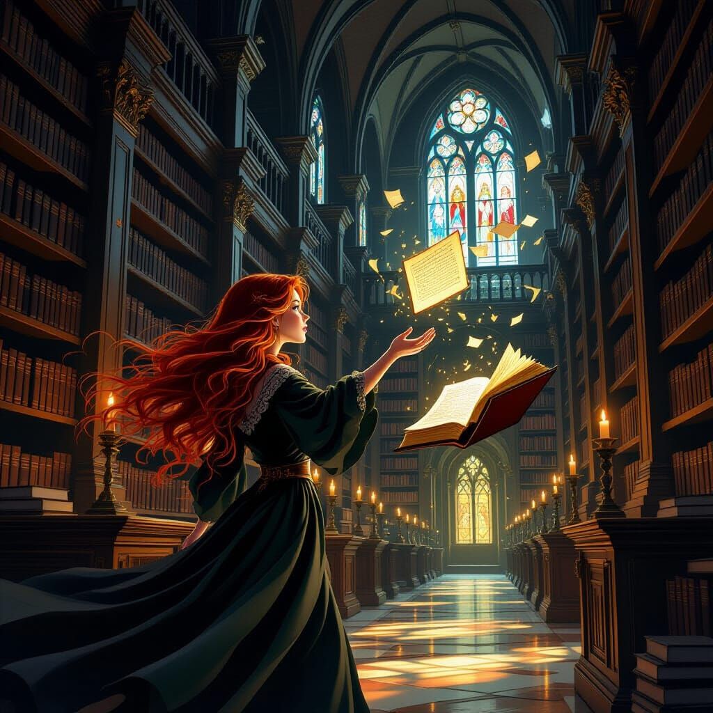 Witch Librarian Levitating Books in Enchanted Library