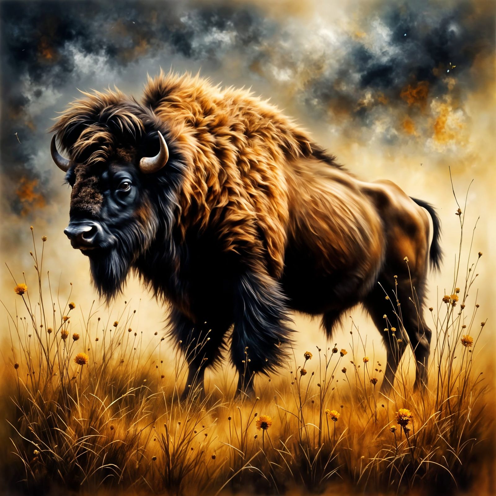 Majestic Bison on Windswept Prairie in Stormy Light