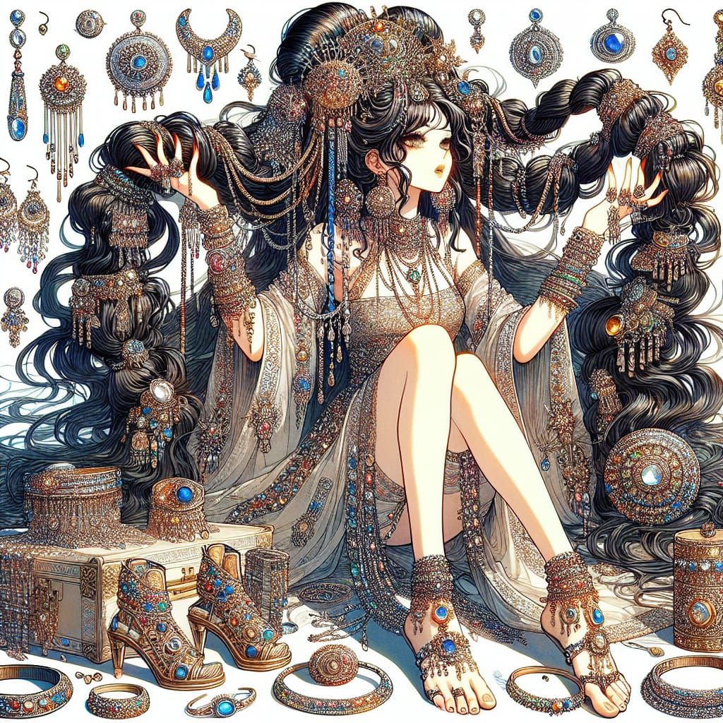 Asian Fantasy Beauty Adorned in Vibrant Jewels and Anime-Ins...