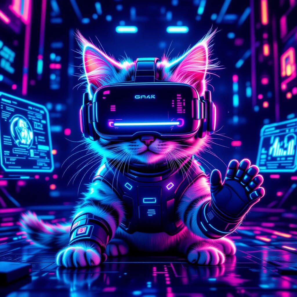 Gen Alpha Kitten Immersed in VR: Cyberpunk Digital Art