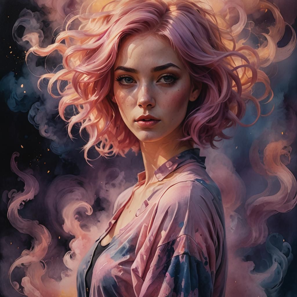 Pink-Haired Girl in Smoke, Watercolor and Oil Painting