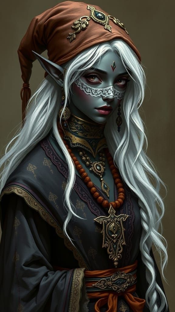 Elegant Drow Elf Wizard with Lace Mask