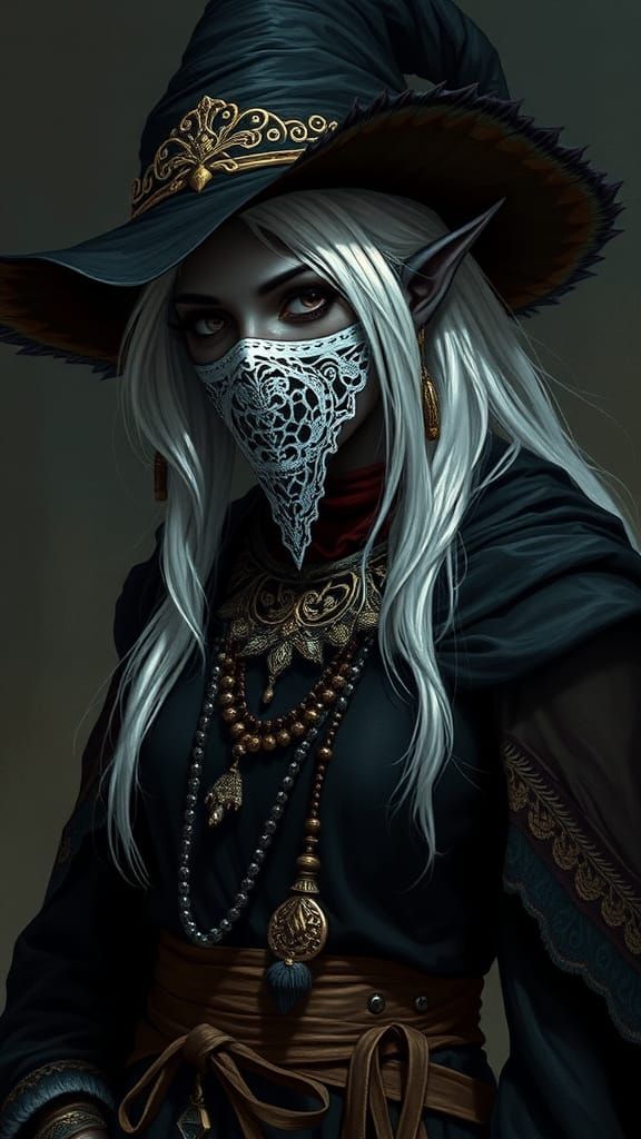 Elegant Female Drow Elf Wizard with Lace Mask