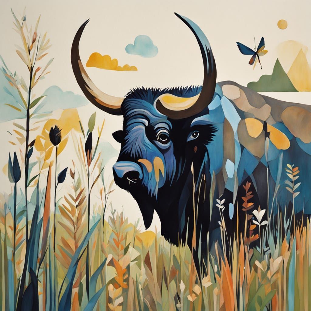 Simplified Buffalo in Earthy Tones with Bright Blue Accents,...