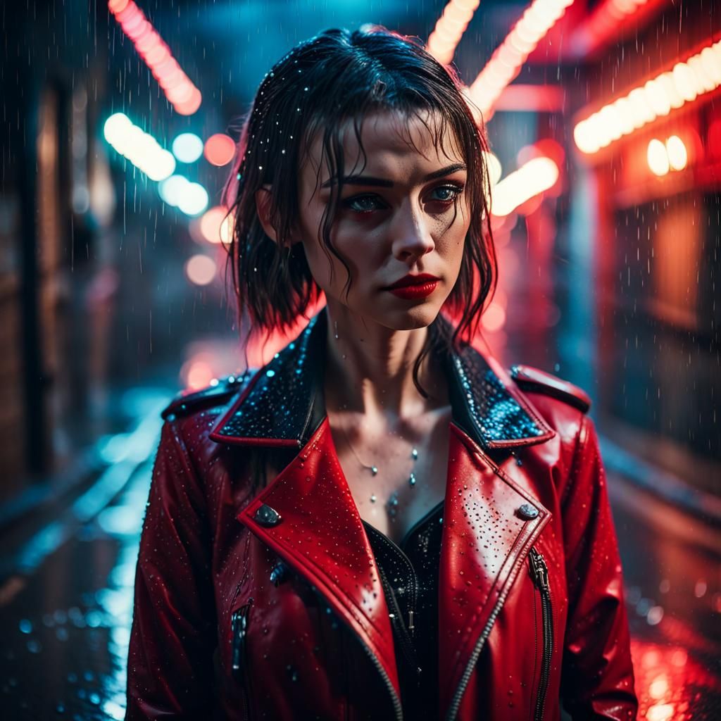 Cyberpunk Woman in Red Leather Jacket, Rainy Christmas Night