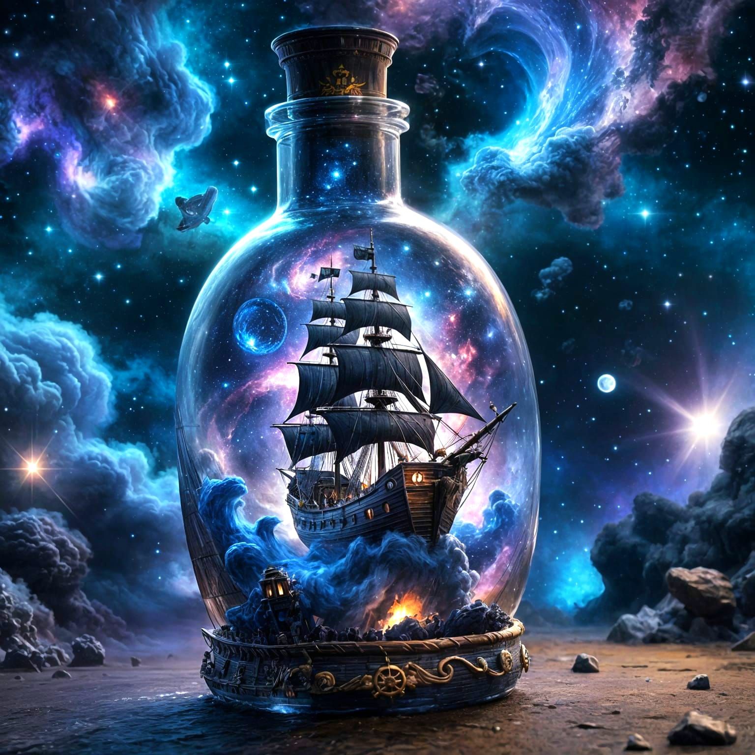 Miniature Pirate Ship Sails Through Swirling Galaxies