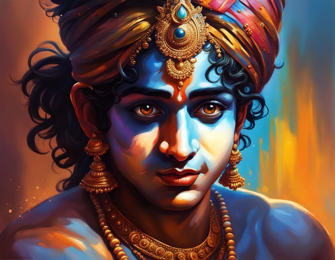Hyperrealistic Portrait of Krishna in Splash Art Style
