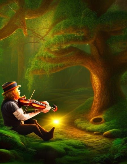 Leprechaun Playing Fiddle in Enchanted Forest