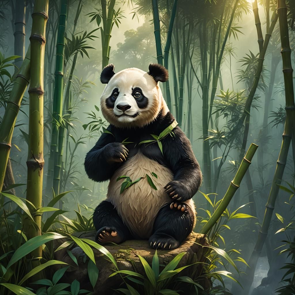 Panda and Cub in Lush Bamboo Forest