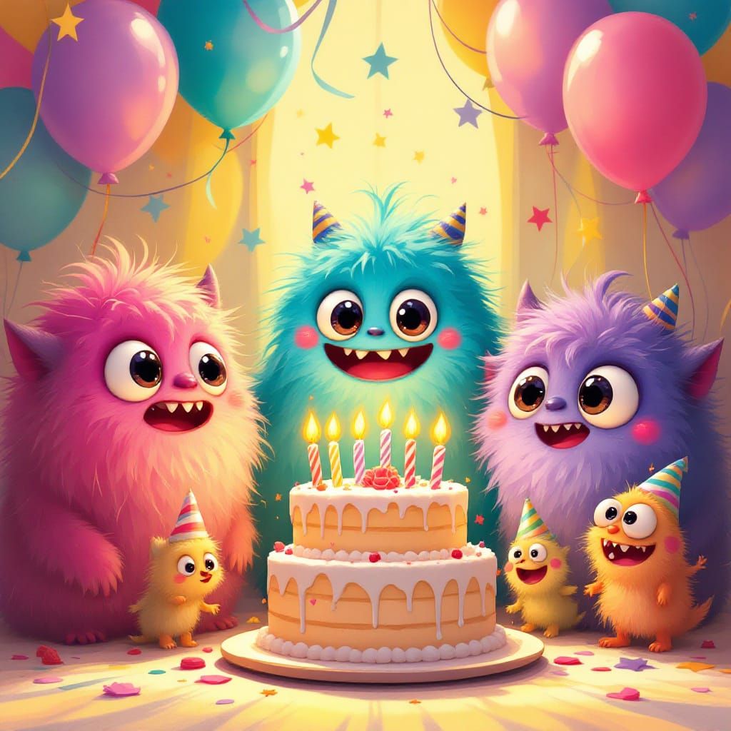 Cute Fluffy Monsters Celebrate Birthday Party