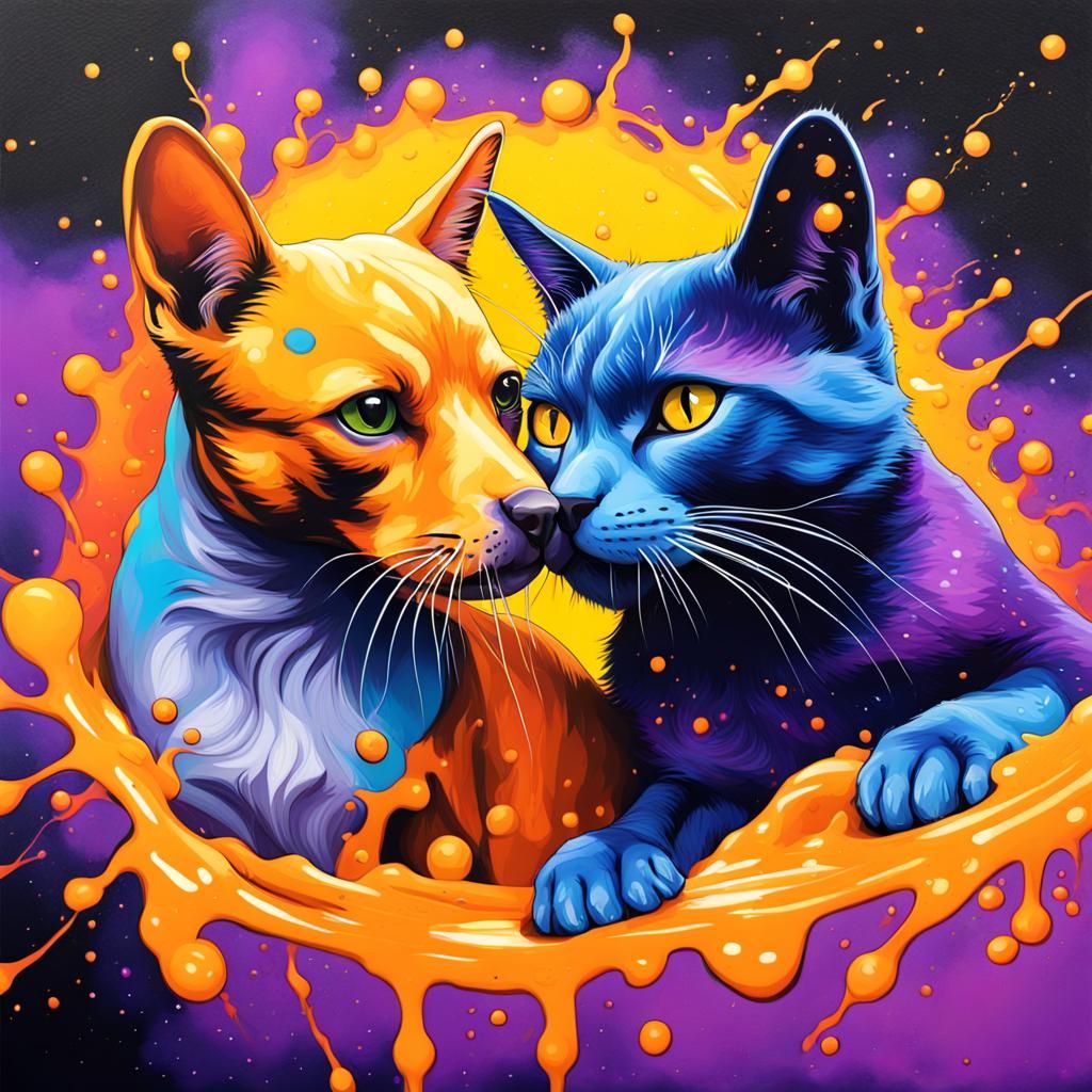 Colorful Galaxy Dog and Cat Graffiti Art