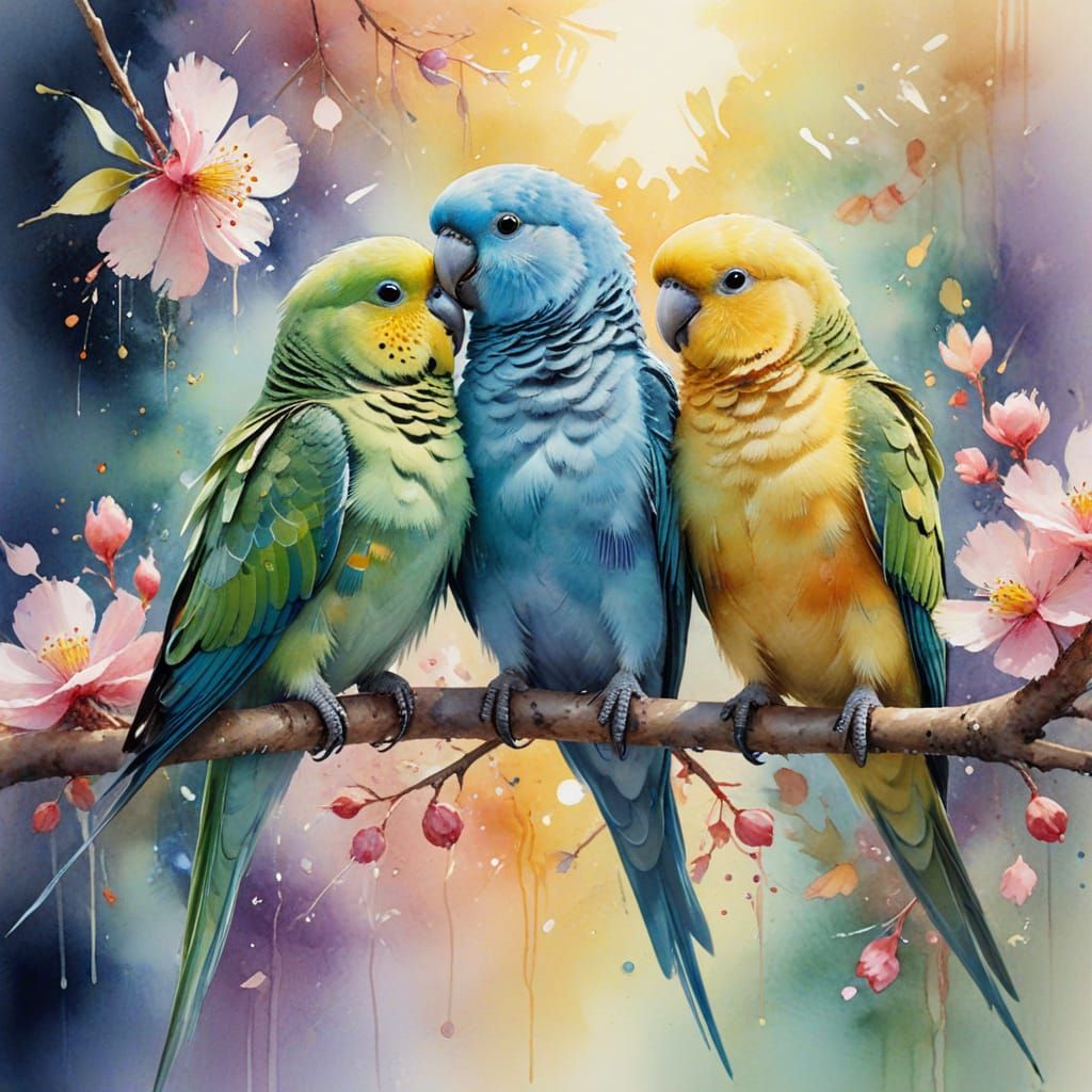 Ethereal Watercolor Painting of Parakeets on Branch