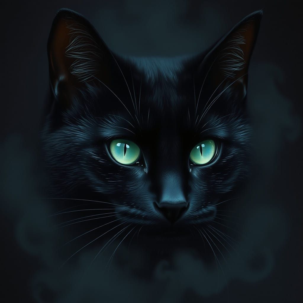 Ethereal Black Cat Emerges from Shadows with Mint Green Eyes